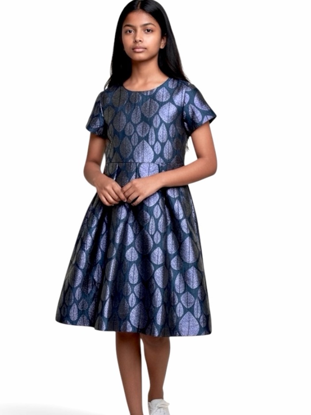 NWT Jacadi Paris Teal with Purple Shiny Leaf Jacquard Occasion Dress 10 (140)
